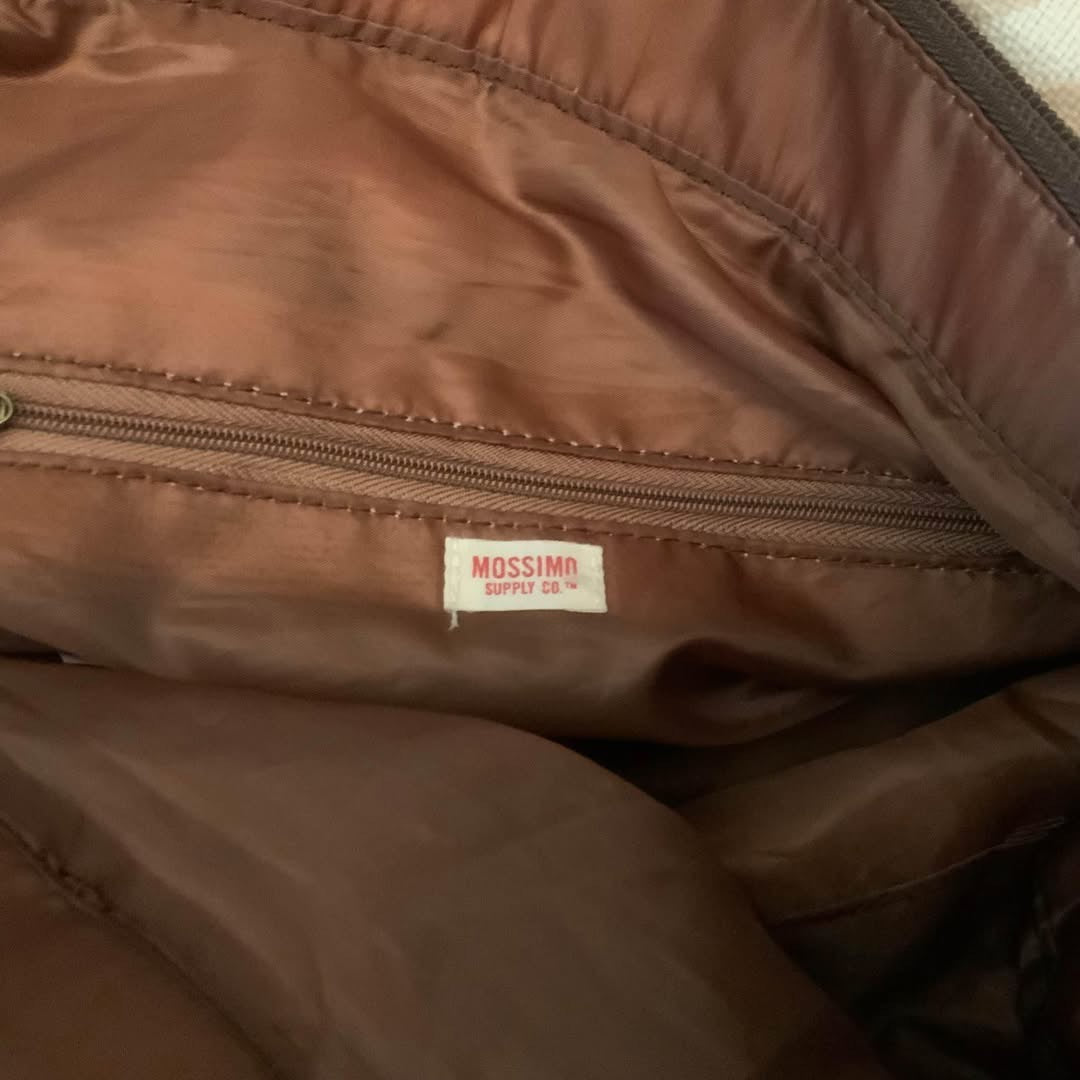 Mossimo Canvas Greek Key Faux Brown Leather and Suede Overnight Weekender Bag Good Condition