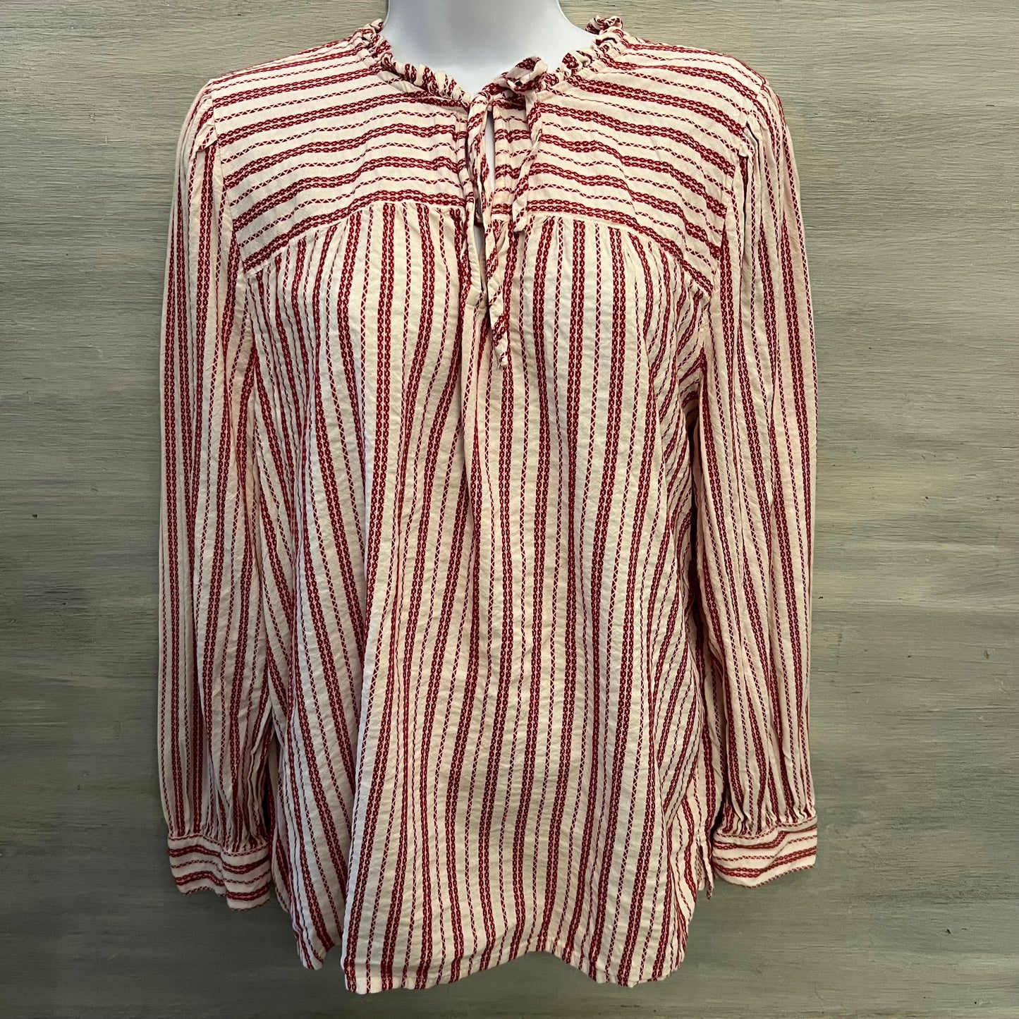 LOFT White Red Striped Ruffle Tie Neck Peasant Tunic Top Blouse Size Size XL Good Condition