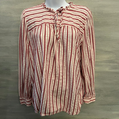 LOFT White Red Striped Ruffle Tie Neck Peasant Tunic Top Blouse Size Size XL Good Condition