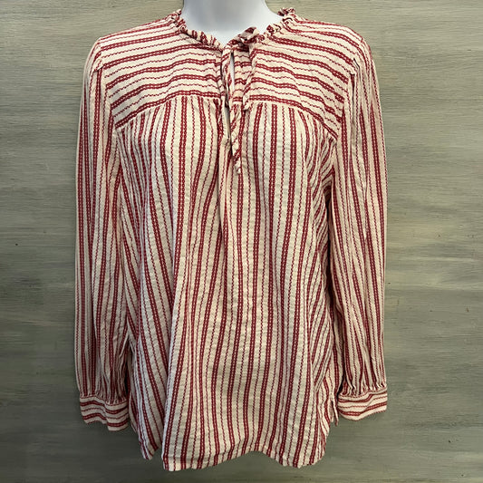 LOFT White Red Striped Ruffle Tie Neck Peasant Tunic Top Blouse Size Size XL Good Condition