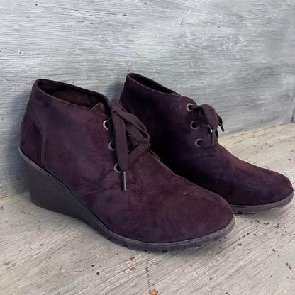 BOBS from Sketchers Memory Foam Brown Faux Suede Wedge Ankle Boot Booties Size 9.5 Good Condition