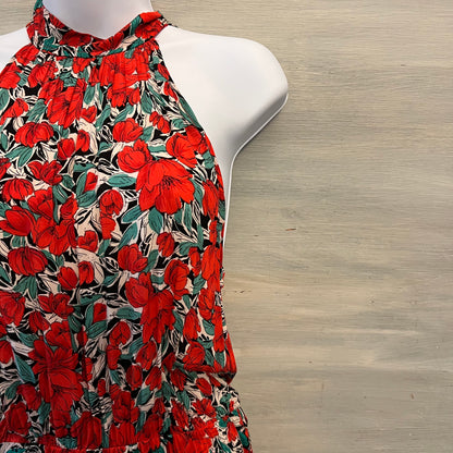 Red Hibiscus Flower Print Halter Neck Racerback High Low Maxi Dress Size Medium Good Condition