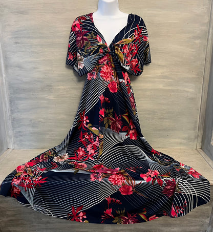 24seven Comfort Apparel Vneck Abstract Floral Print Maxi Dress Size Large Good Condition
