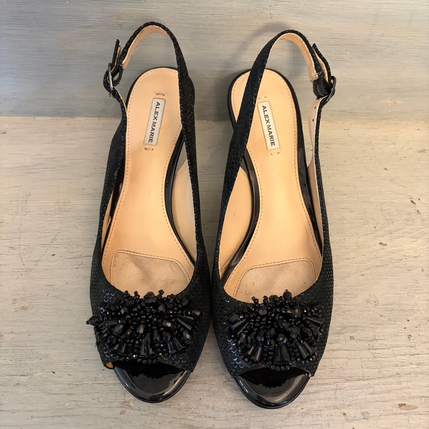 Alex Marie Black Leather Beaded Open Toe Slingback Kitten Heels Size 7 Good Condition