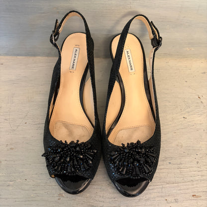 Alex Marie Black Leather Beaded Open Toe Slingback Kitten Heels Size 7 Good Condition