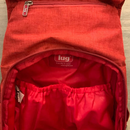 LUG Red Multipocketed Travel Bag Backpack 10x14x3 Good Condition
