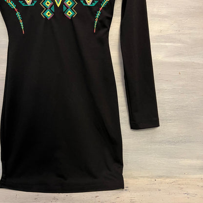 GB Black Colorful AztecPrint Embroidered Bodice Bodycon Mini Dress Size Small Good Condition