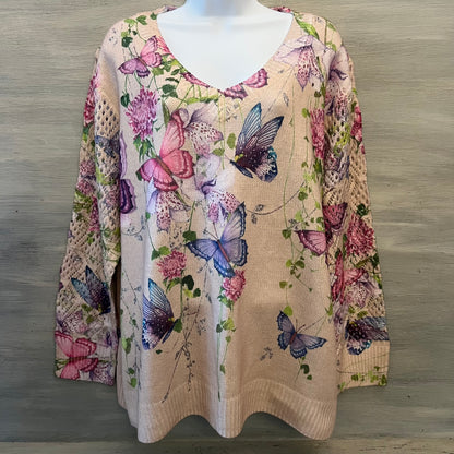 Beautiful Soft Butterfly Flower Print Reticulated Sleeve Sweater Size 3XL Like New