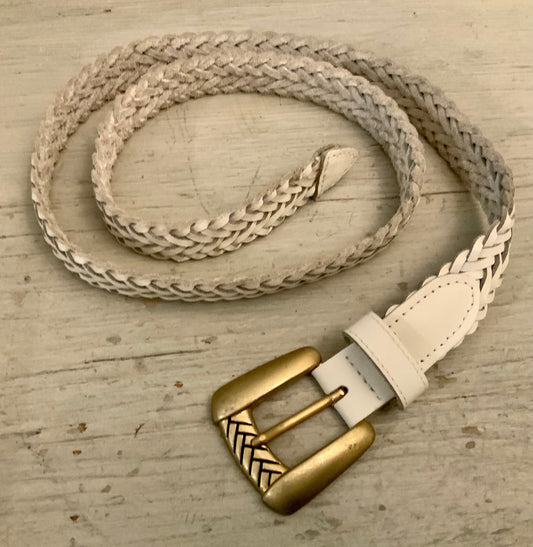 Vintage Chic Braided White Leather Gold Buckle Belt Medium Good Condition