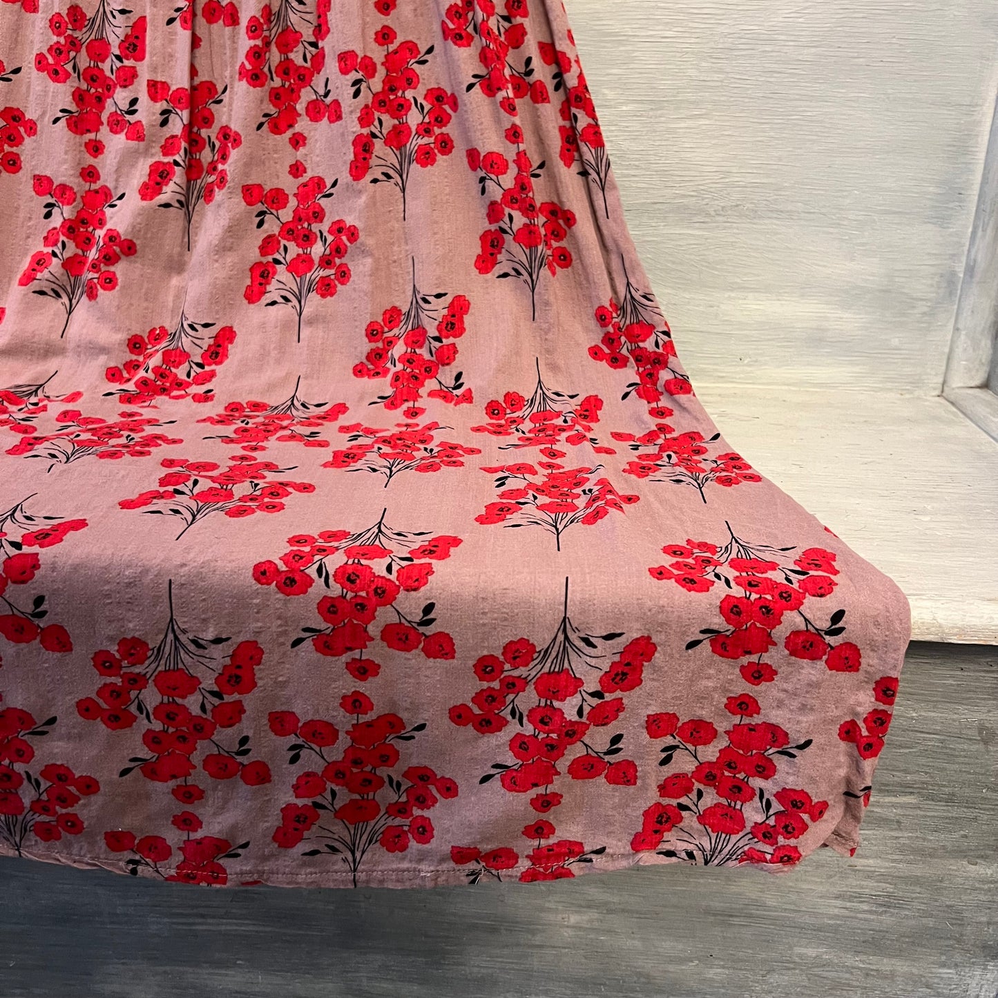 Purple Red Floral Print Crew Neck 3/4 Sleeve Smock Midi Dress Size Medium Like New