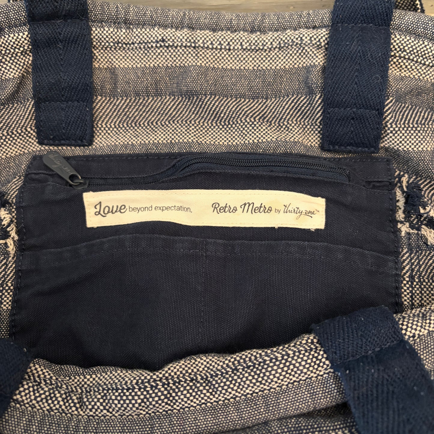 Thirty One Retro Metro Navy Blue Canvas Tote Bag Purse Good Condition