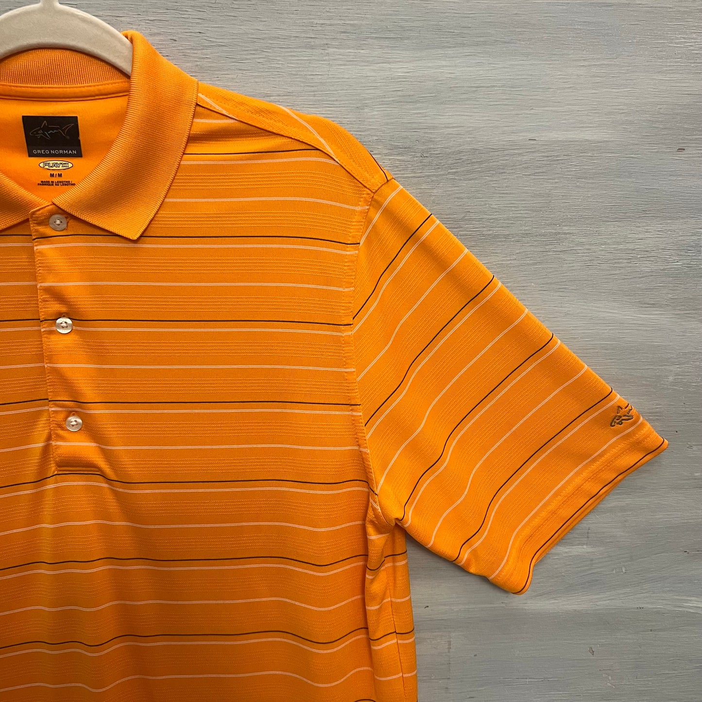 Greg Norman Play Dry Orange Striped Short Sleeve Polo Shirt Size Medium Good Condition