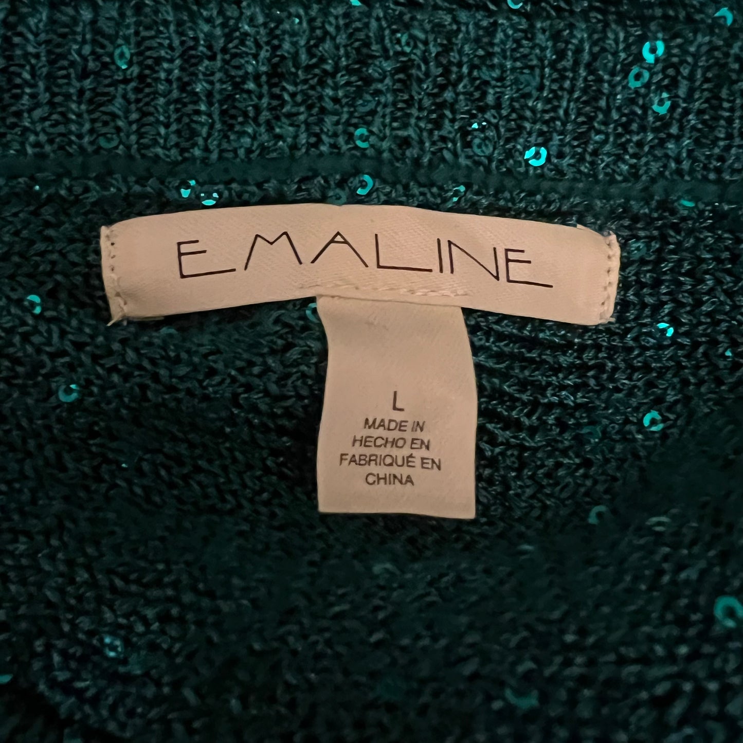 Emaline Emerald Green Sheer Sequined Crew Neck Sweater Size Large Good Condition