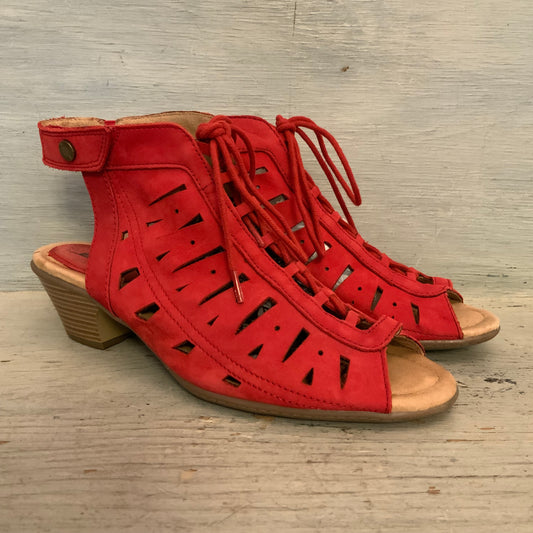 Earth "Kristen" Bright Red Nubuck Leather Gladiator Block Wedge Heeled Sandals 9.5 Good Condition