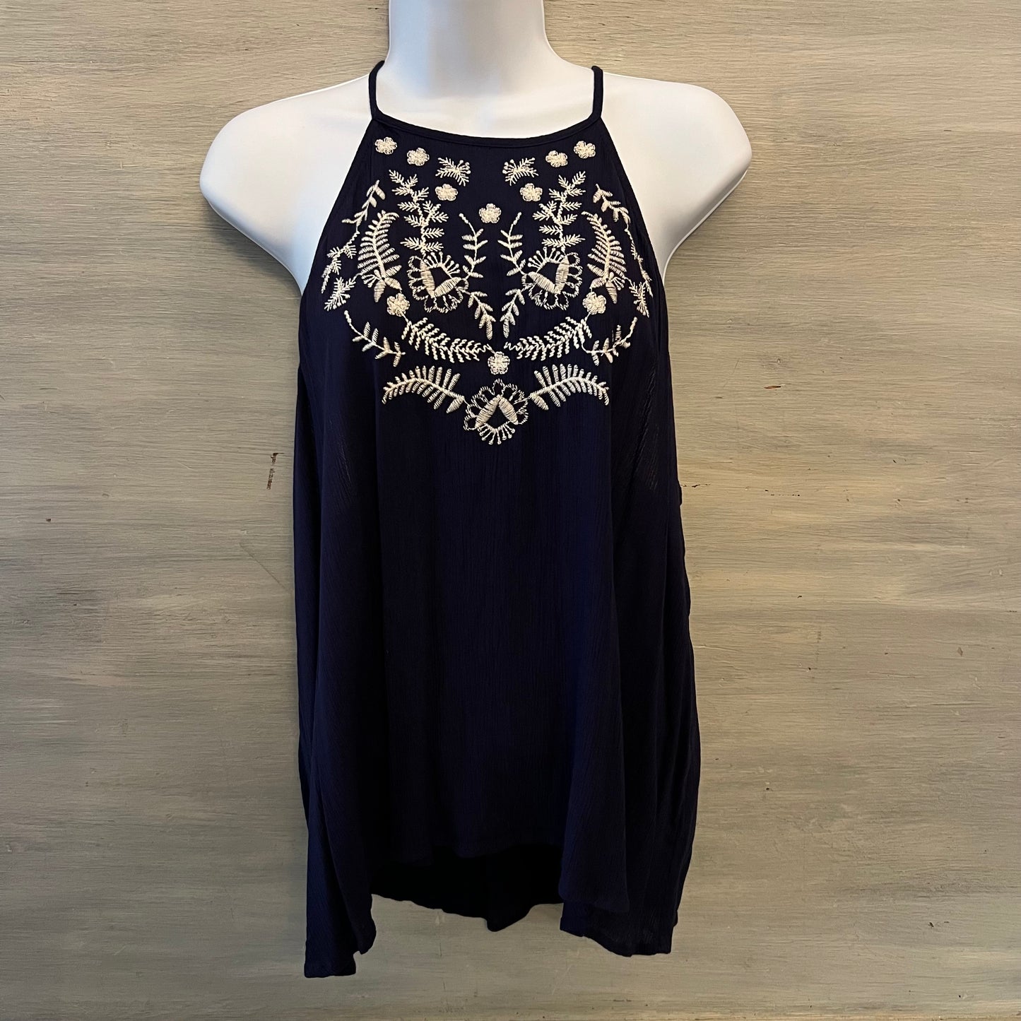 Love Fire Navy Blue White Embroidered Racerback Halter Neck Tank Top Size XL New with Tags