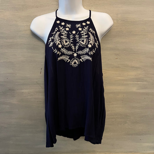 Love Fire Navy Blue White Embroidered Racerback Halter Neck Tank Top Size XL New with Tags