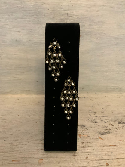 Antique Brass Tone Filigree Rhinestone Chandelier Dangling Earrings 3.5" Good Condition