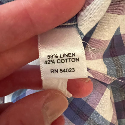 Banana Republic Cotton Linen Purple Plaid Button Down Shirt Size XL Like New