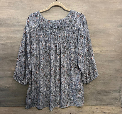 Rose + Olive Sky Blue Floral Print Vneck Button Down High Low Blouse Size 2x Good Condition
