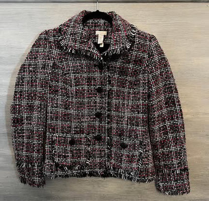 Chico’s Black Pink Fringe Trim Tweed Blazer Jacket Size 0/XS Like New