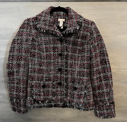 Chico’s Black Pink Fringe Trim Tweed Blazer Jacket Size 0/XS Like New
