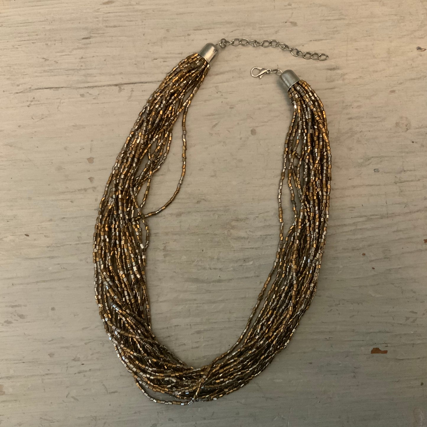 Bold Bronze Silver Beaded Multi Strand Choker Statement Necklace Good Condition
