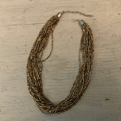 Bold Bronze Silver Beaded Multi Strand Choker Statement Necklace Good Condition