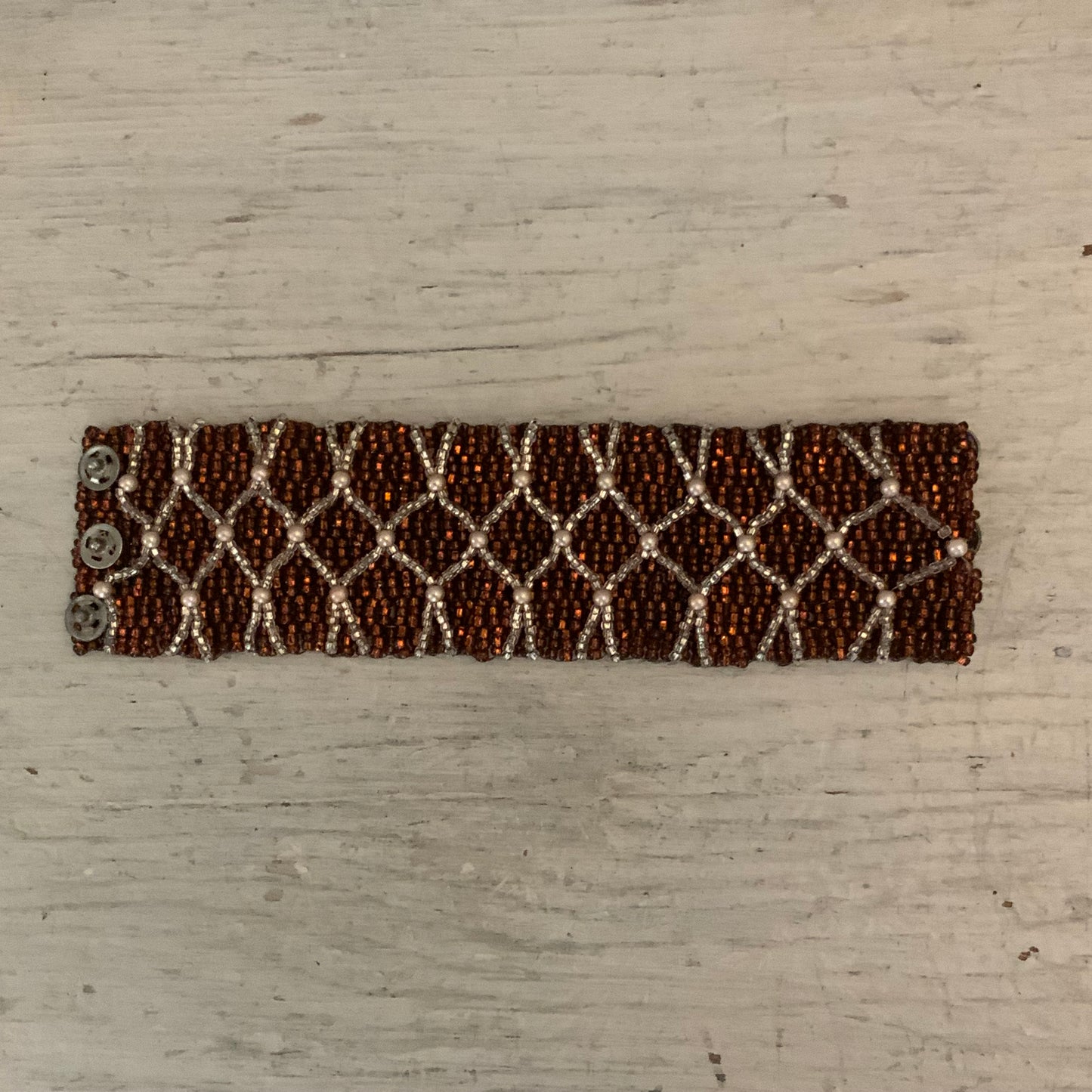 Handmade Copper Toned Beaded Cuff Bracelet w/ Lattice Weave Pattern 7" Good Condition