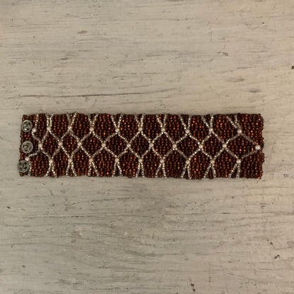 Handmade Copper Toned Beaded Cuff Bracelet w/ Lattice Weave Pattern 7" Good Condition