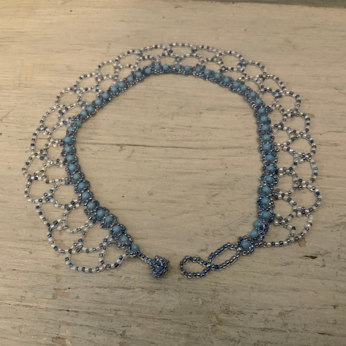 Beautifully Handbeaded Light Blue White Mini Bead Choker Necklace New