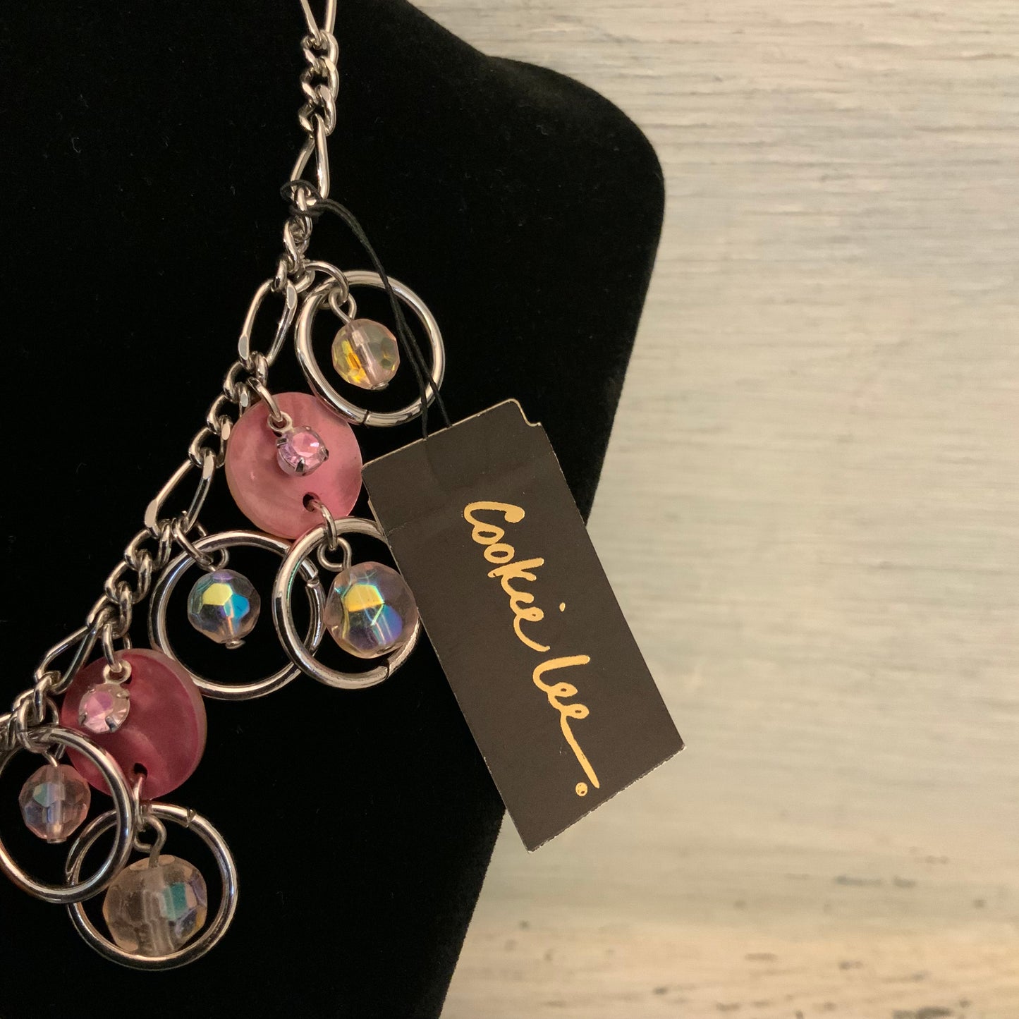 Cookie Lee Pink Shell Iridescent Tiered Dangling Statement Necklace 15-18" Good Condition