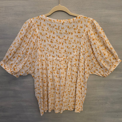 Jane & Delancey White with Gold Florals Gold Striped High Low Blouse Size XL Good Condition
