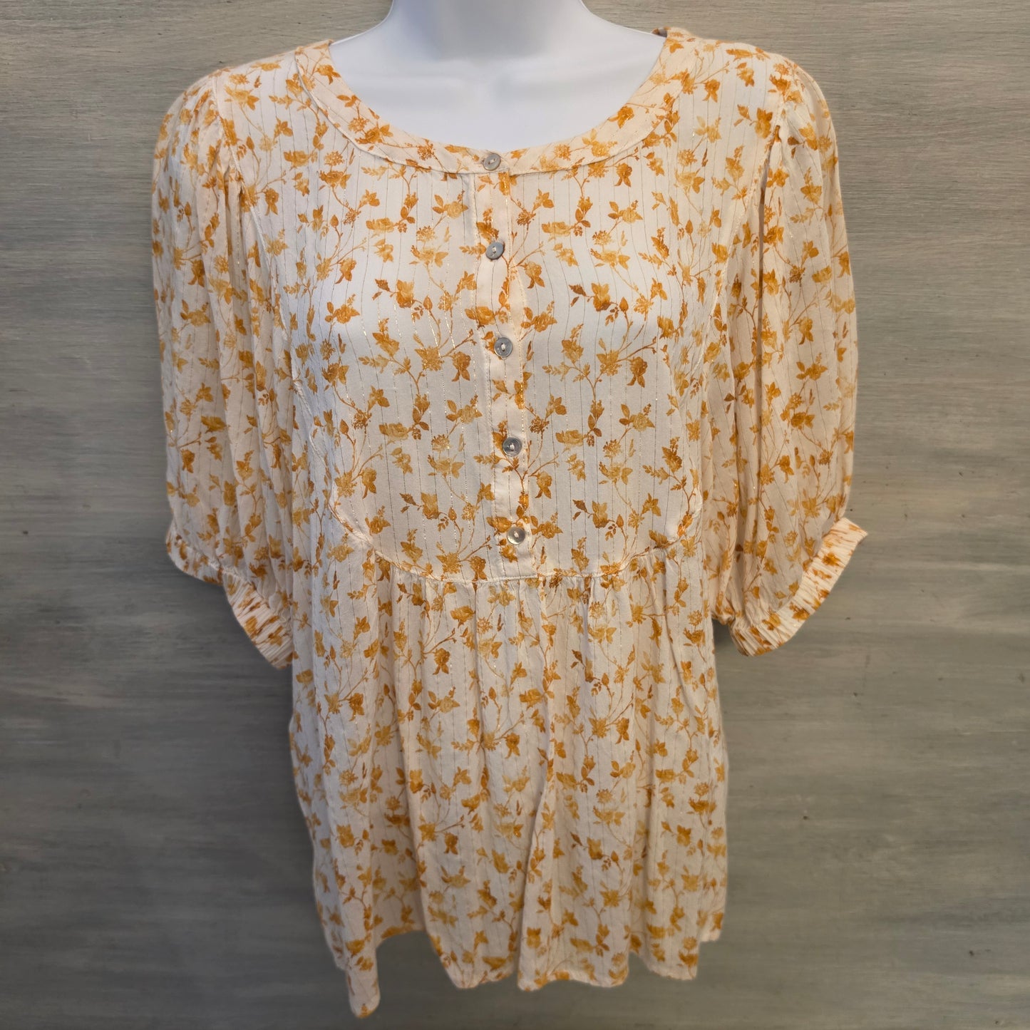 Jane & Delancey White with Gold Florals Gold Striped High Low Blouse Size XL Good Condition