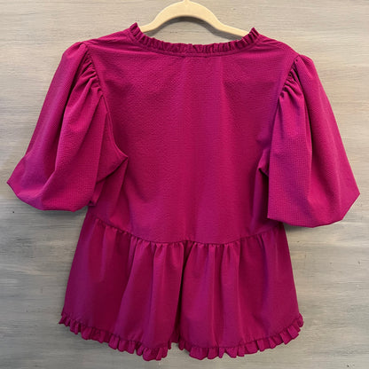 Jodifl Fuchsia Ruffle Vneck Babydoll Peplum Blouse Size Medium Good Condition