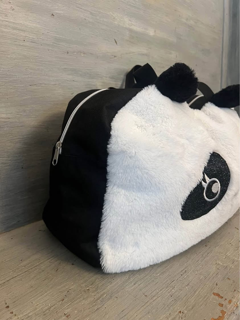 Soft Furry Panda Overnight Weekender Gym Bag Tote 16x11.5x6.5 Good Condition