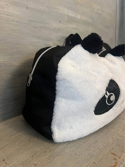 Soft Furry Panda Overnight Weekender Gym Bag Tote 16x11.5x6.5 Good Condition