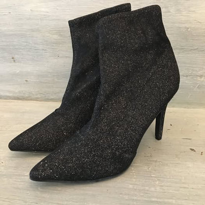 Brash Black Metallic Sock Booties Boots Size 8.5 US 4 inch Heels New Years Eve Like New