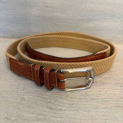 Torino Men's Tan Woven Stretch Belt with Brown Leather Trim 44-47.5" Good Condition