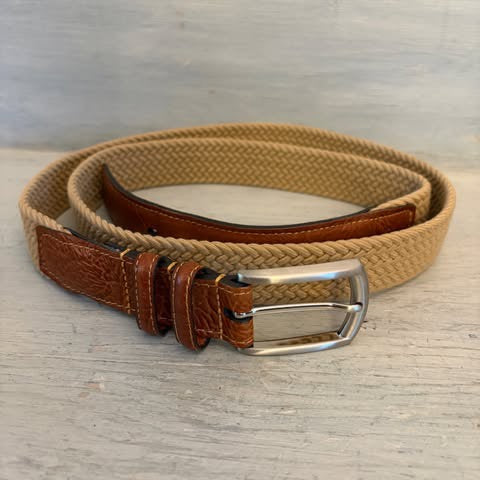 Torino Men's Tan Woven Stretch Belt with Brown Leather Trim 44-47.5" Good Condition