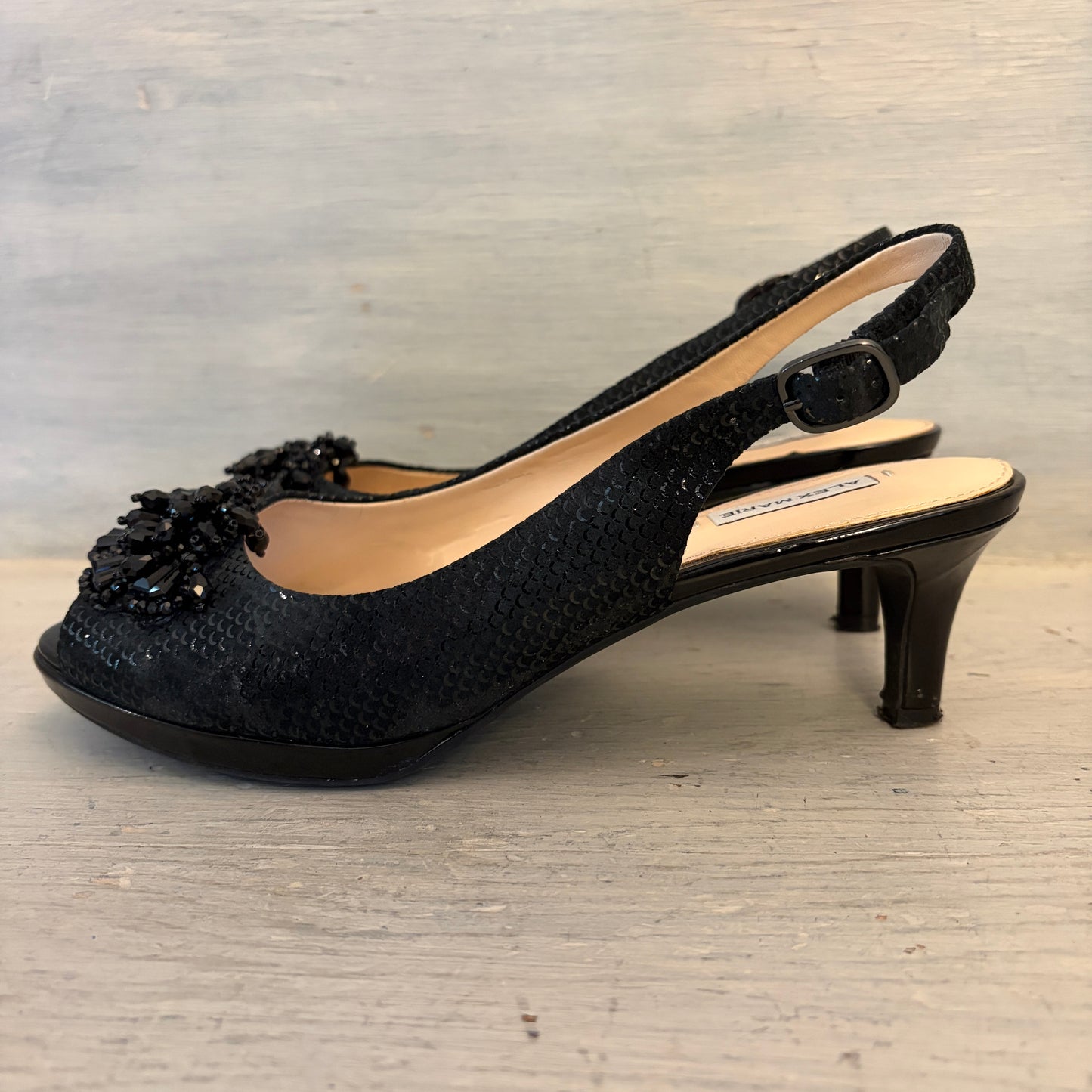 Alex Marie Black Leather Beaded Open Toe Slingback Kitten Heels Size 7 Good Condition