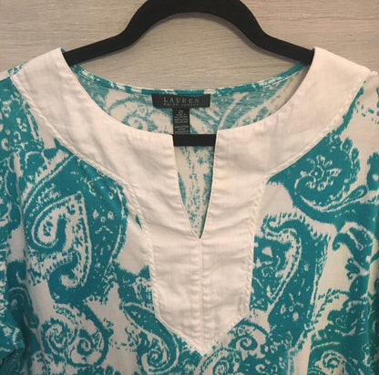 Ralph Lauren 100% Cotton Aqua Blue White 3/4 Sleeve Tunic Top Blouse Size 2X Like New