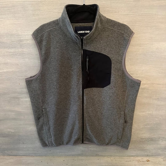 Lands End Fleece Vest Grey Black Zip Pockets Like New