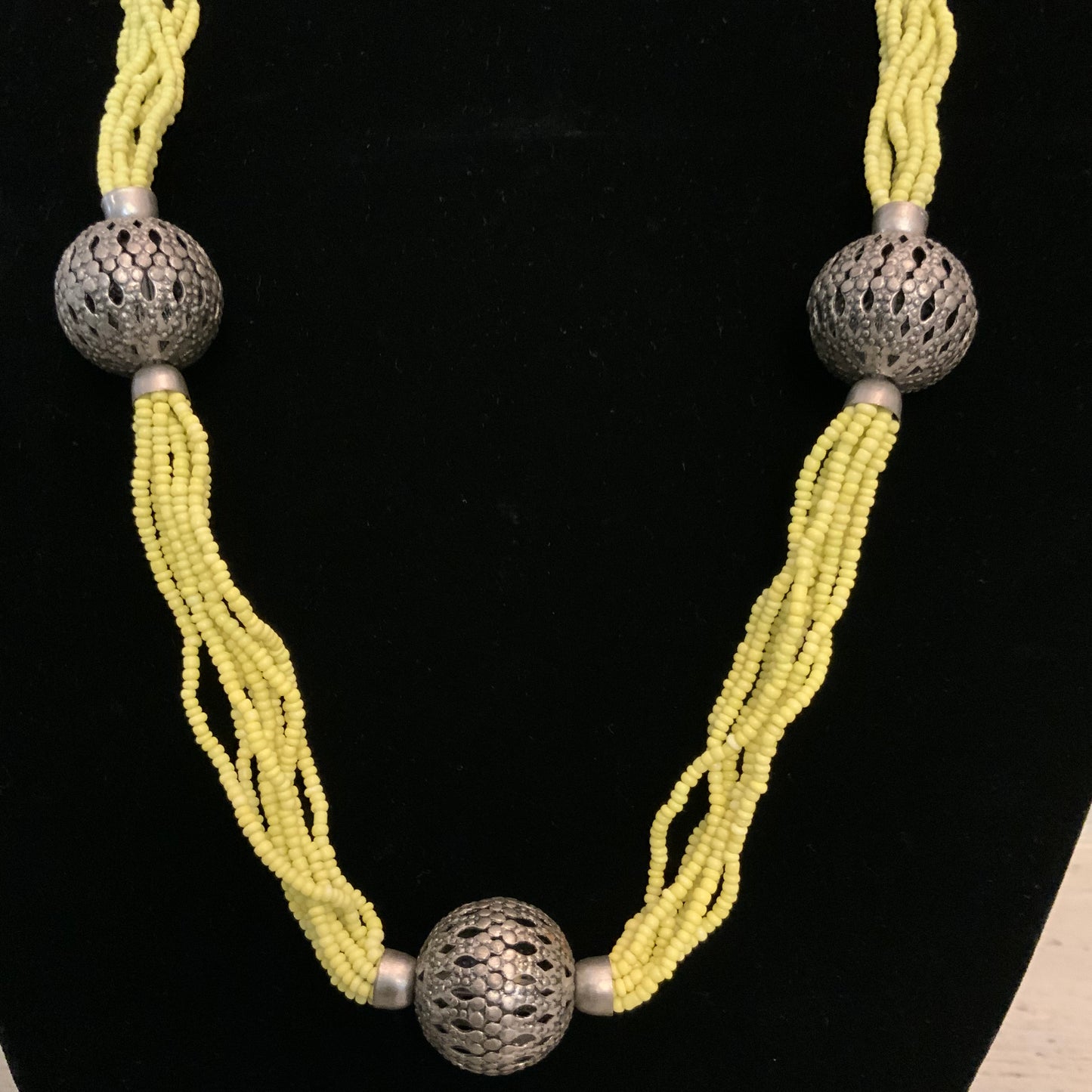 Chartreuse Long Bohemian Multi Strand Mini Beaded Statement Necklace 34" Good Condition