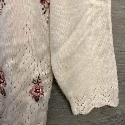Vintage Koret White Embroidered Beaded Cardigan Sweater 1X Good Condition