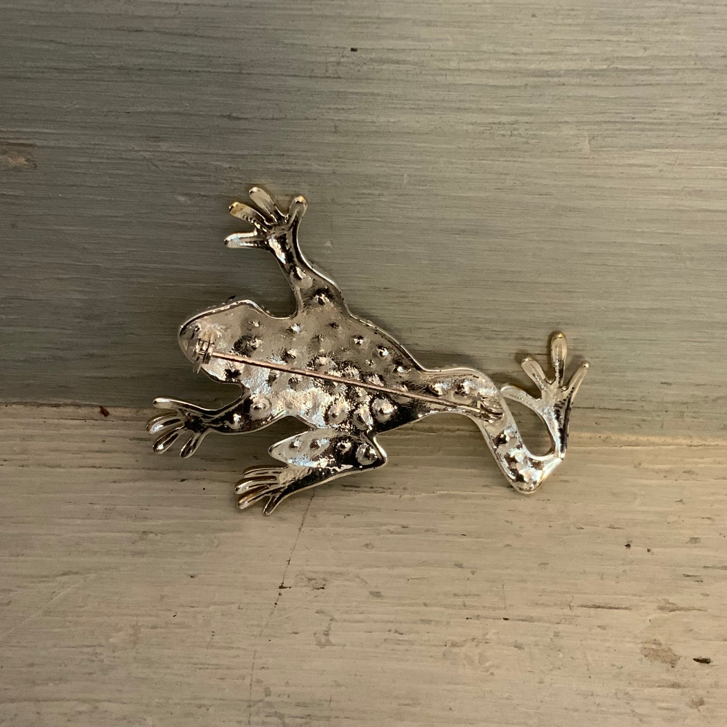Vintage Silver & Gold Tone Bejeweled Frog Brooch Pin 2.5" Good Condition