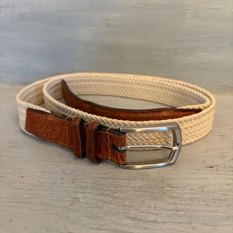 Torino Men's Cream Woven Stretch Belt w/ Brown Leather Trim 47-51" Good Condition