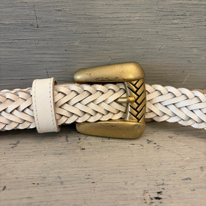 Vintage Chic Braided White Leather Gold Buckle Belt Medium Good Condition