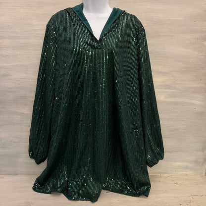 Emerald Green Sequined Hoodie Tunic Top Size 2XL Good Condition