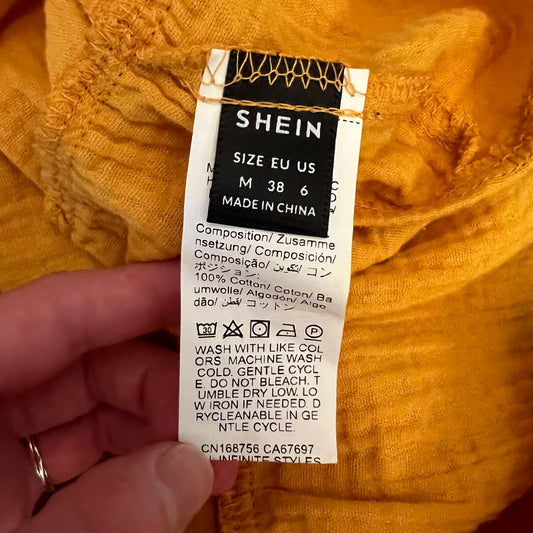 SHEIN 100% Cotton Muslin Mustard Balloon Sleeve Ruffled Hem Blouse Size Medium Like New