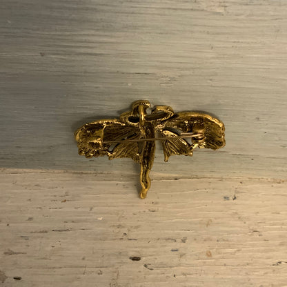 Vintage Gold Tone Dancing Fairy w/ Bejeweled Multicolor Wings Brooch Pin 2x2 Good Condition